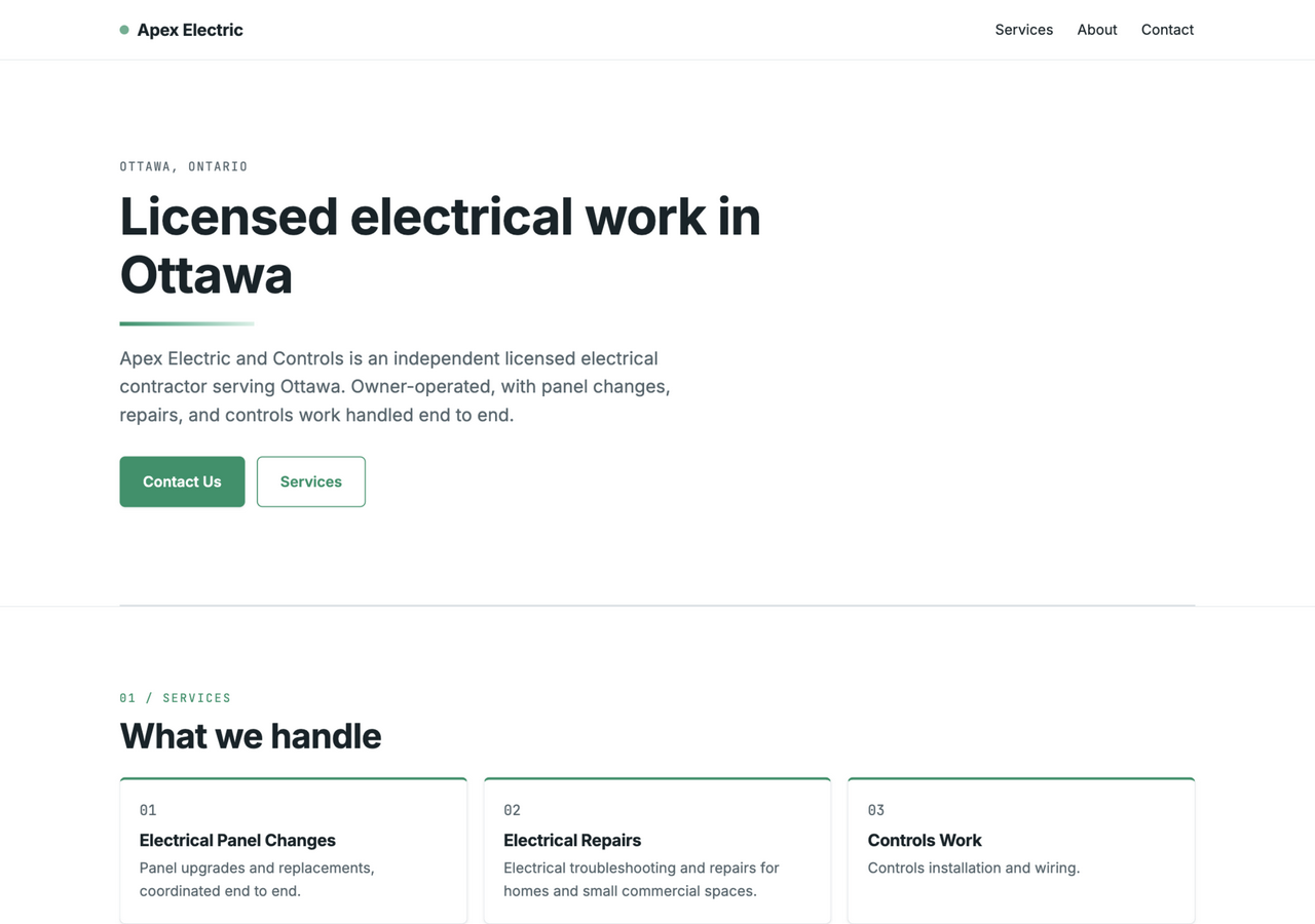 After: rebuilt Apex Electric website